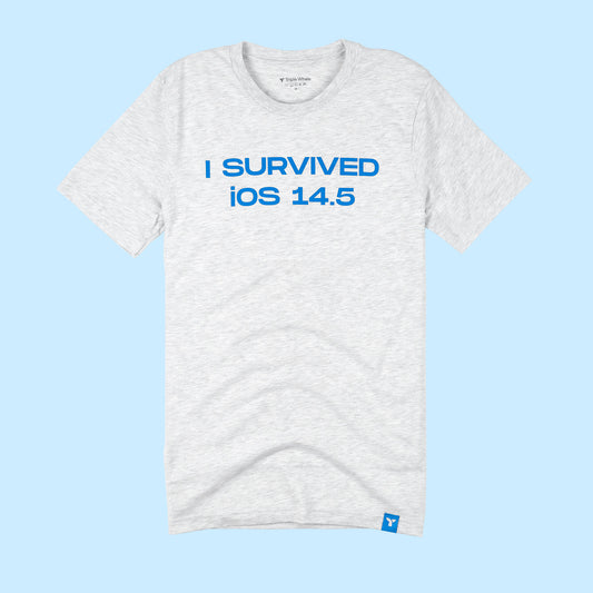 I Survived iOS 14.5 printed in blue on ash grey short sleeve T-shirt