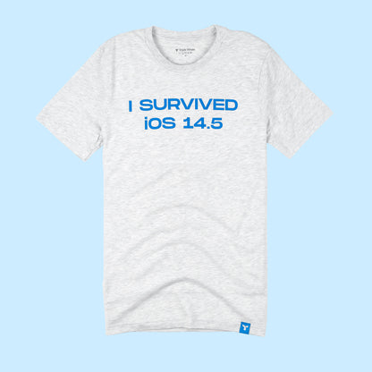 I Survived iOS 14.5 printed in blue on ash grey short sleeve T-shirt